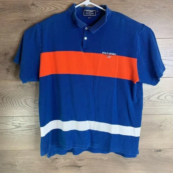 Polo Sport Ralph Lauren Mens Shirt Blue Orange Stripe Short Sleeve Logo XXL - Picture 4 of 6